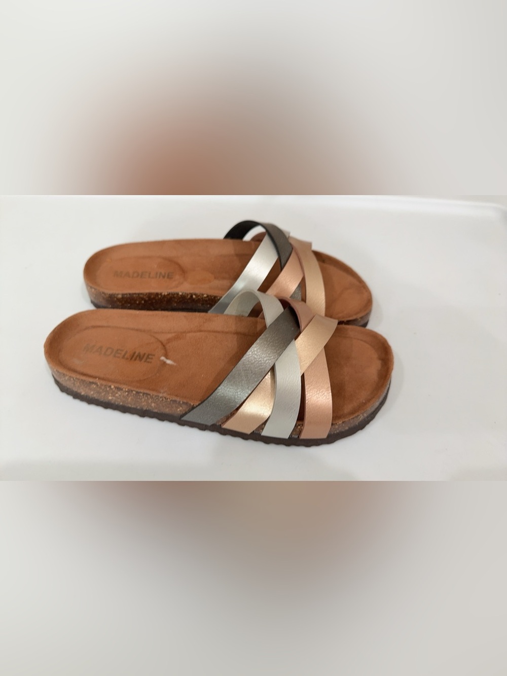 Madeline Metallic Multi-Stripe Slide Sandals in Rose Gold, Silver, and Bronze
